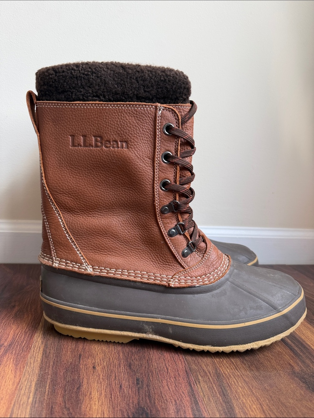 LL Bean Men's Tumbled Leather Snow Boots Sherpa Lined Insulated Maple Size 12